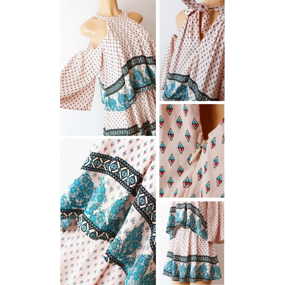 Taupe Pink Mock Neck Cold Shoulder Pleated Romper - Picture 5 of 8